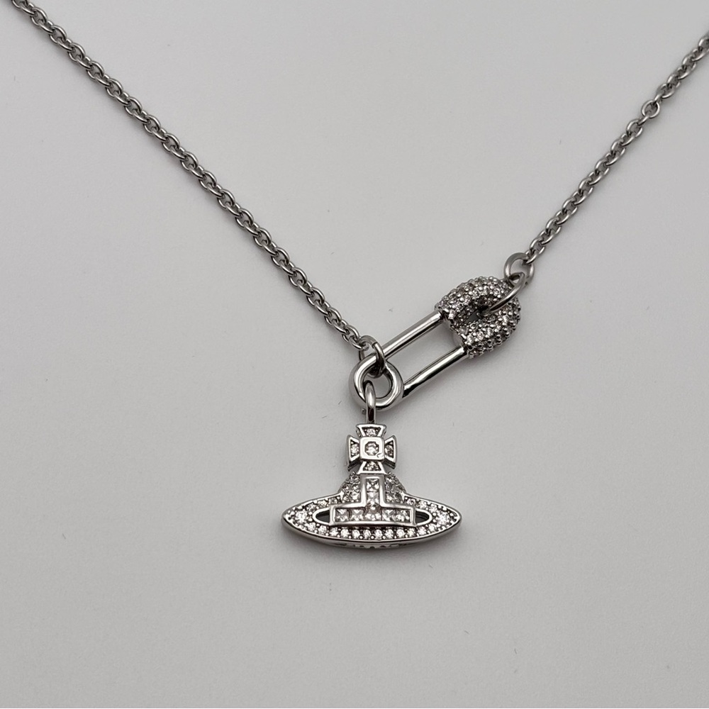Vivienne Westwood Crystal Orb Safety Pin Necklace – Silver Tone - Picture 3 of 6